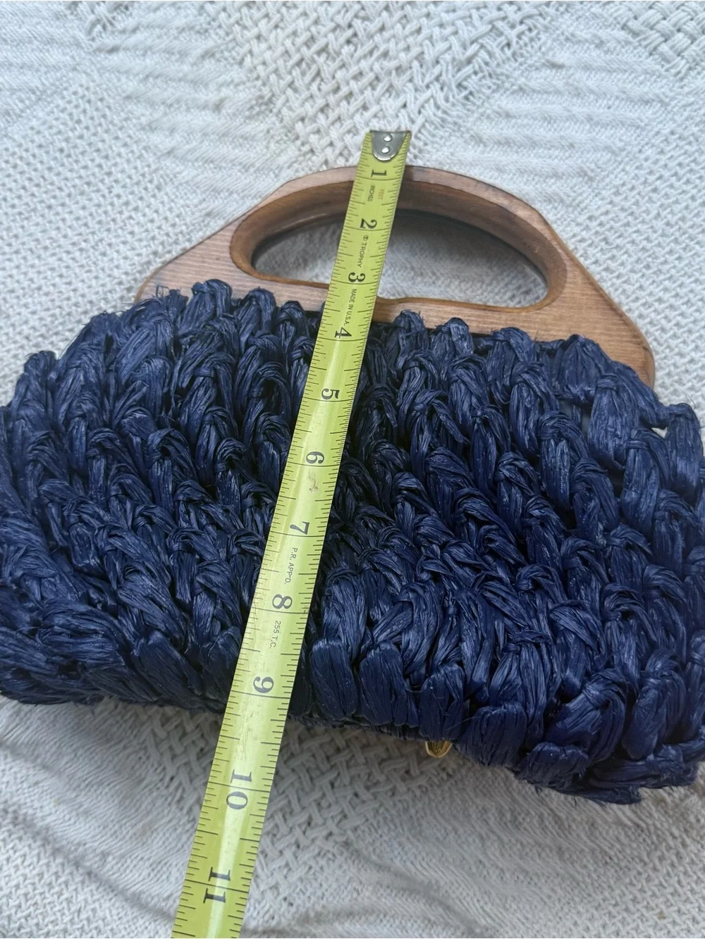 Vintage Blue Raffia Straw Purse Basket Weave Wood Handle Made in Japan Bohemian